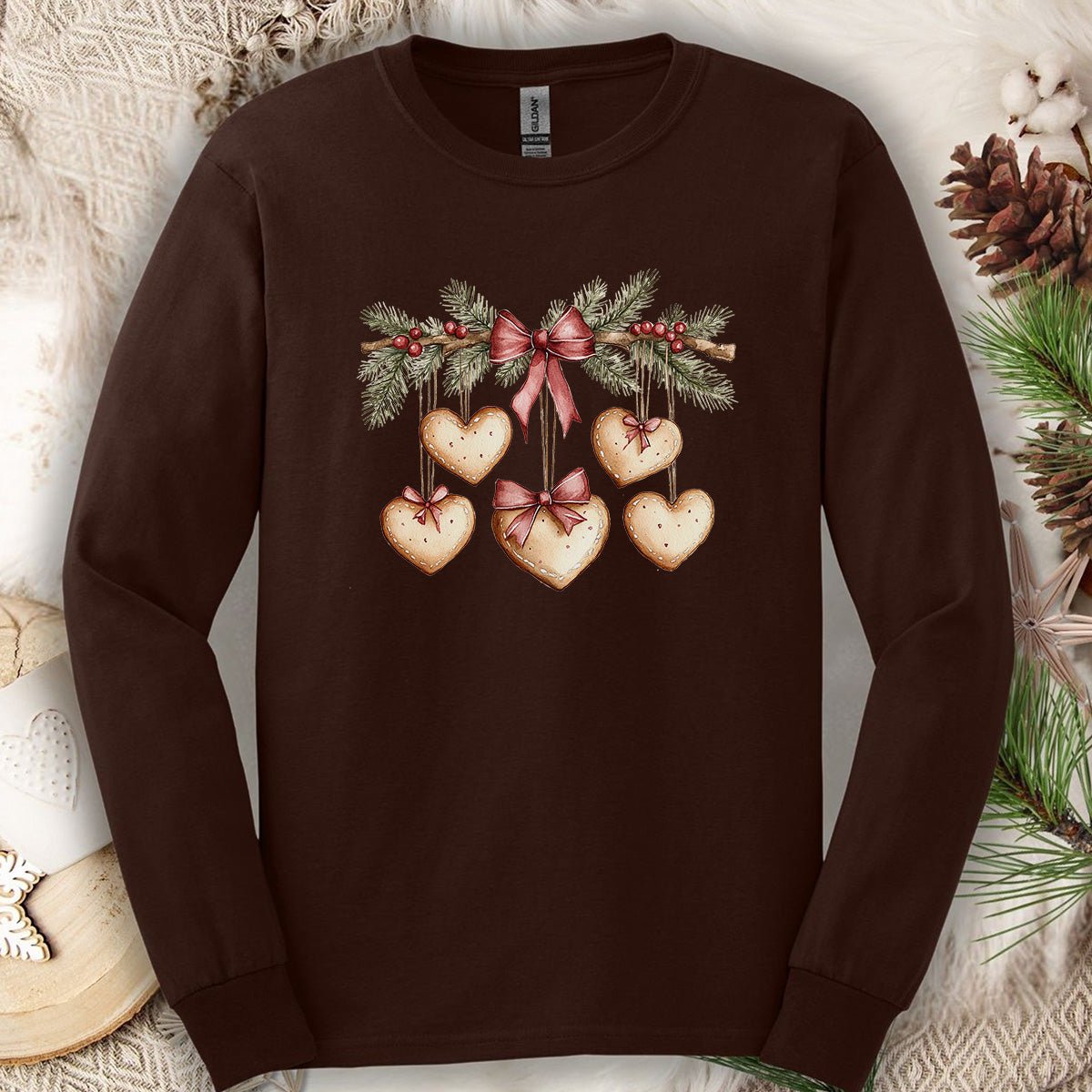 Christmas Gingerbread Heart Garland Long Sleeve Tee