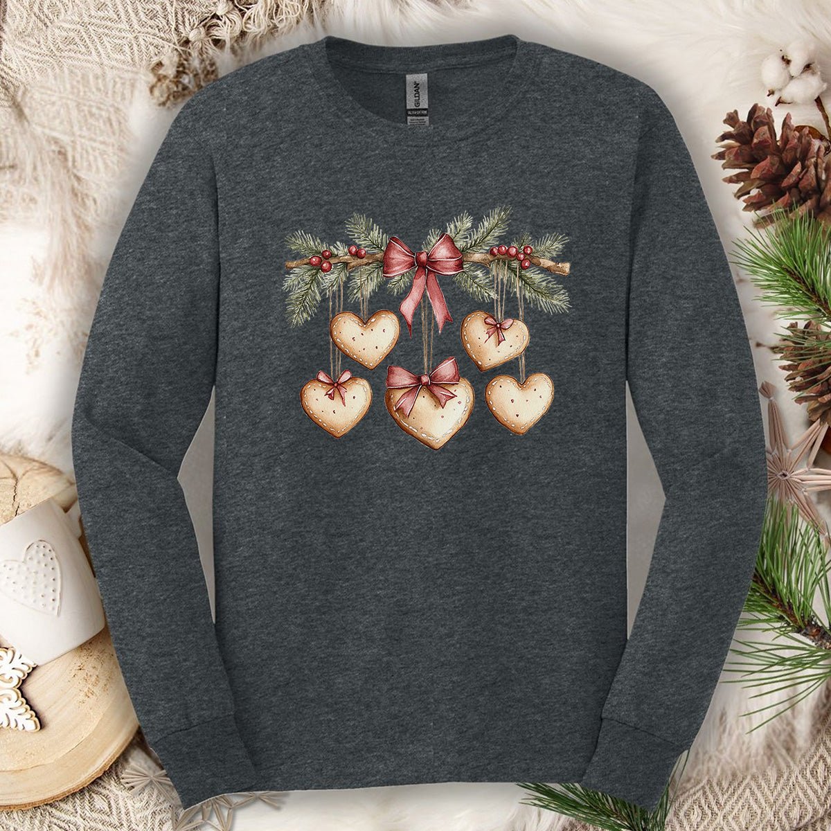 Christmas Gingerbread Heart Garland Long Sleeve Tee