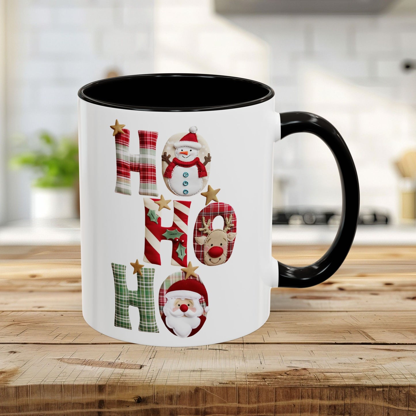 White 11oz ceramic mug with black interior/handle, featuring "Ho Ho Ho" in plaid, candy-cane, and woodland textures with Santa, snowman, and reindeer characters.