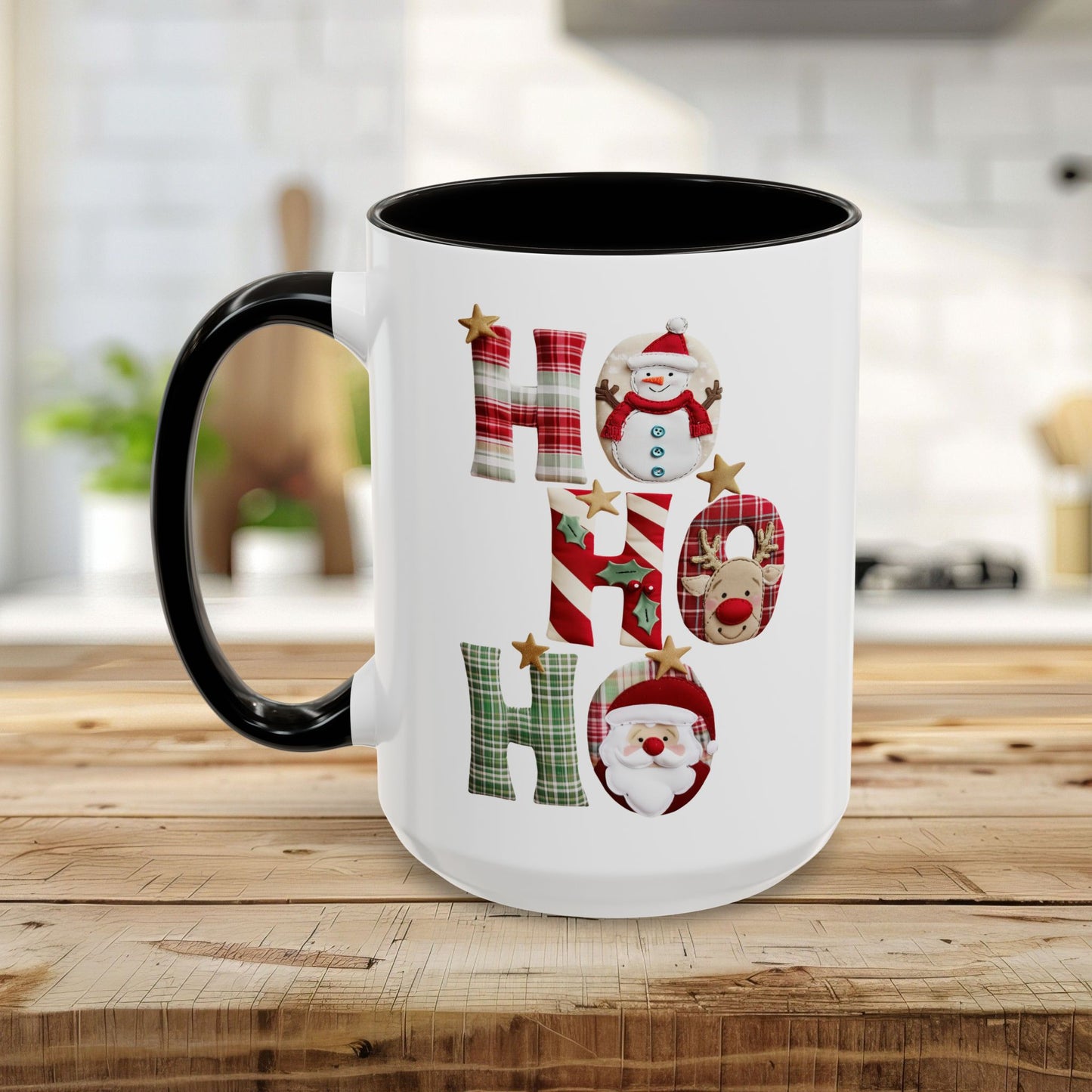 White ceramic Christmas mug with black handle and interior, featuring "Ho Ho Ho" typography with plaid, candy-cane, and woodland textures, each letter containing tiny seasonal characters like snowmen, Santas, and reindeer.