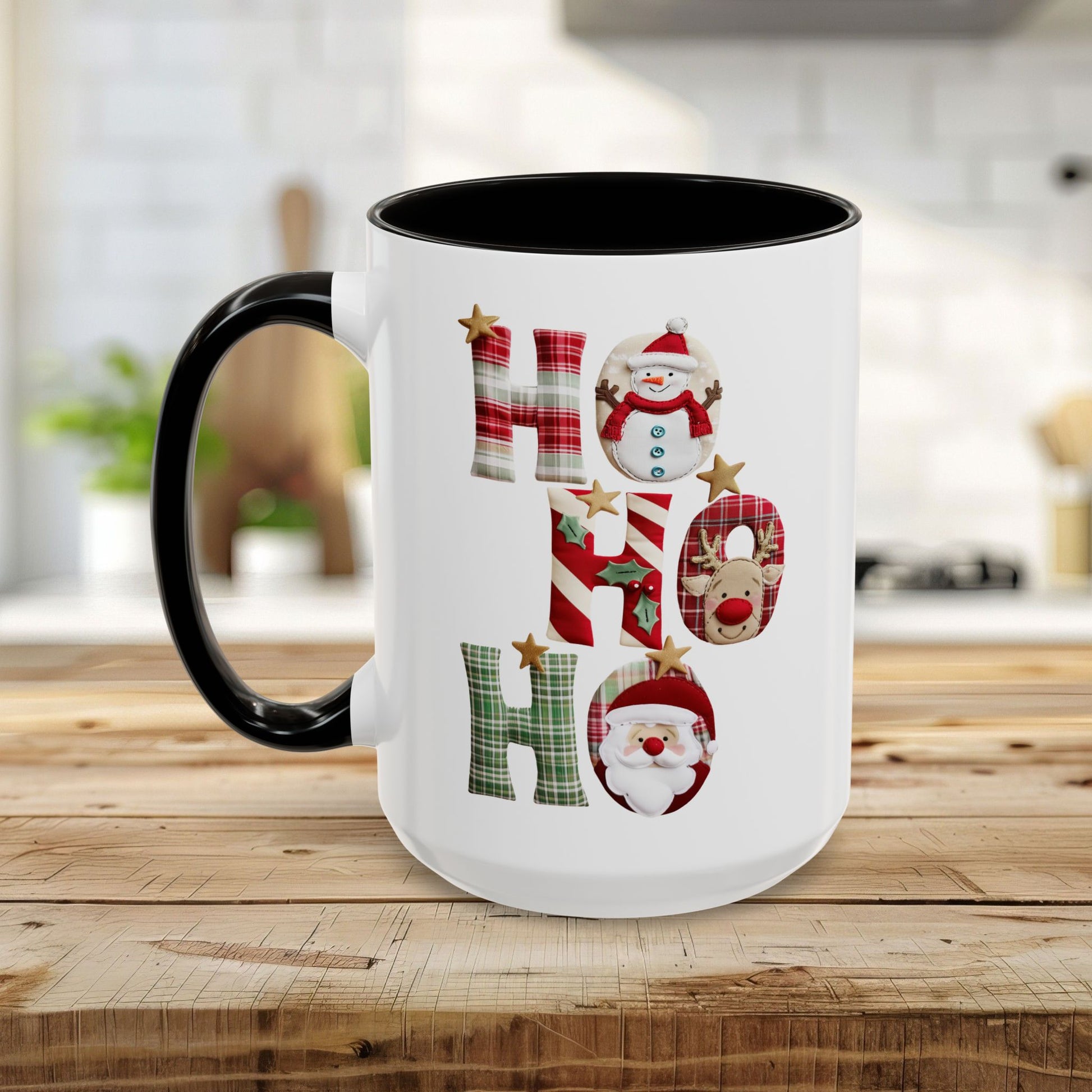 White ceramic Christmas mug with black handle and interior, featuring "Ho Ho Ho" typography with plaid, candy-cane, and woodland textures, each letter containing tiny seasonal characters like snowmen, Santas, and reindeer.