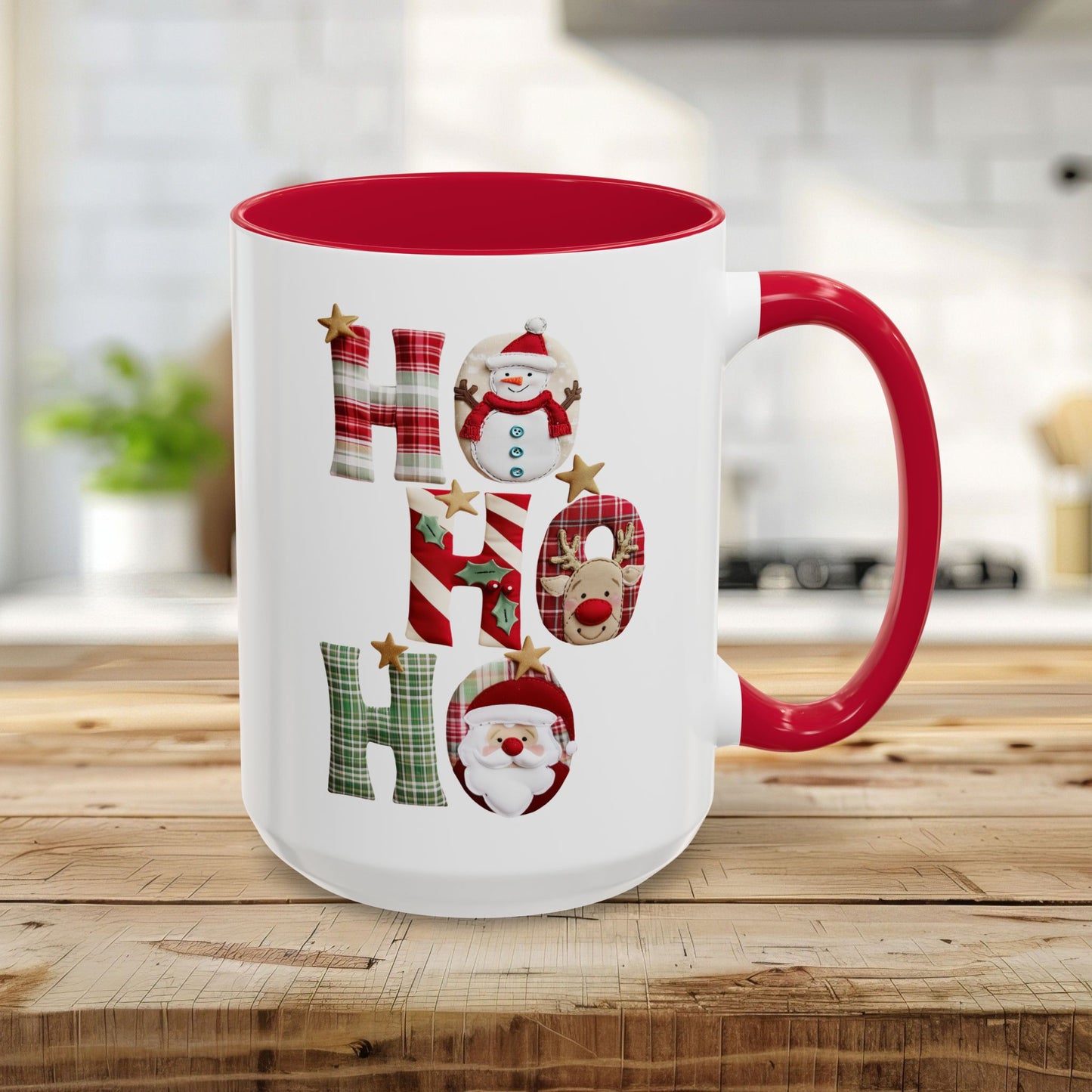 15oz white ceramic mug with red interior and handle, featuring "Ho Ho Ho" in plaid, candy-cane, and woodland textures with Santa, snowman, and reindeer characters.