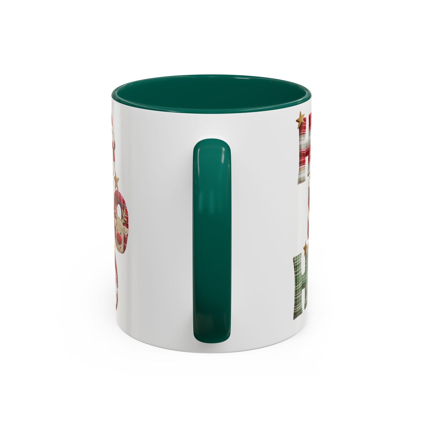 White ceramic mug with green interior and handle, featuring "Ho Ho Ho" in plaid, candy-cane, and woodland textures.