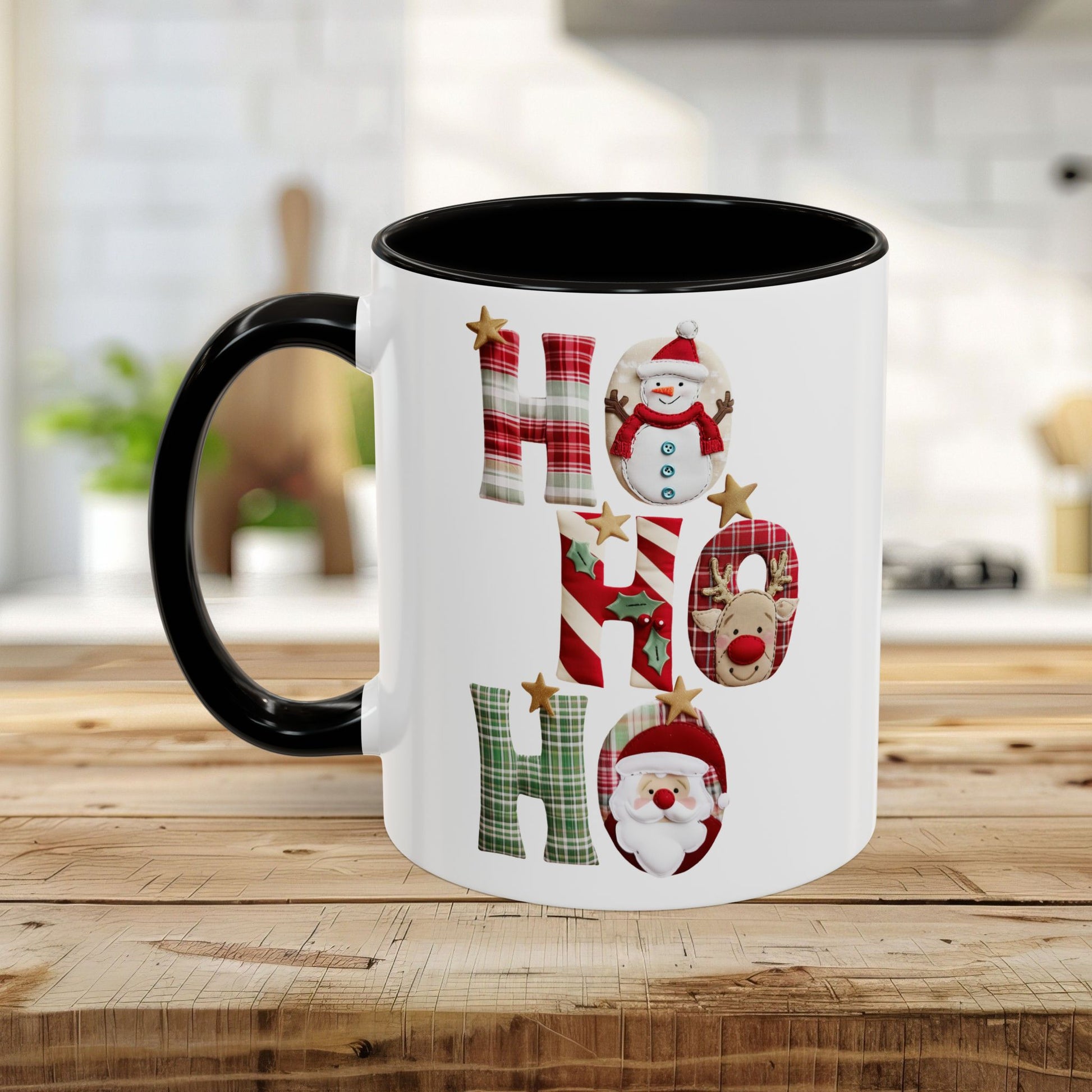 White ceramic mug with black handle and interior, featuring "Ho Ho Ho" in plaid, candy-cane, and woodland textures with festive characters.