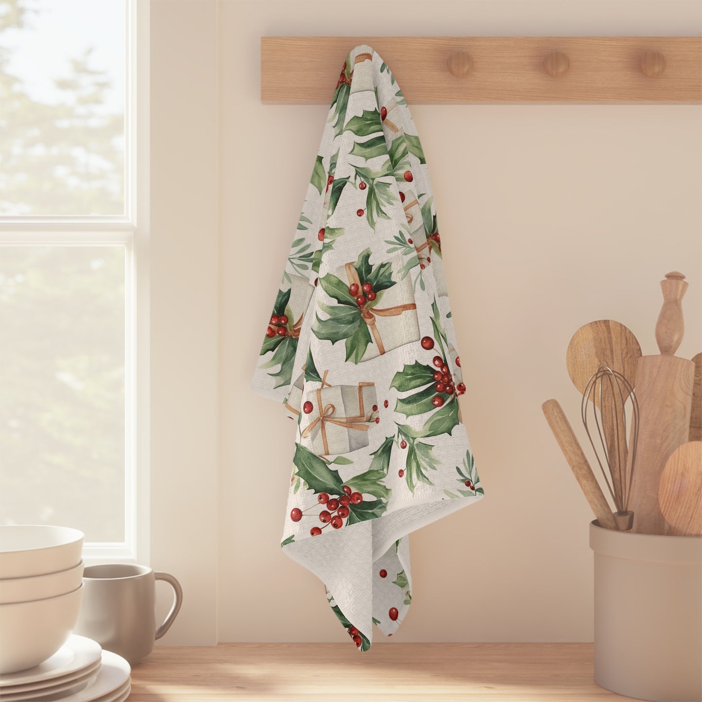 Microfiber tea towel with watercolor holly, red berries, and gift pattern, hanging on a wooden peg rack.