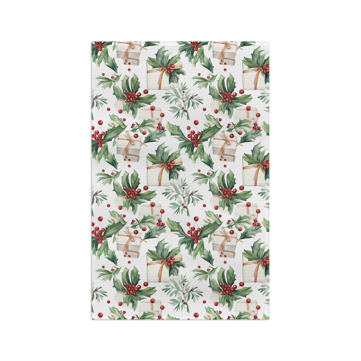 White microfiber tea towel with watercolor holly, red berries, and wrapped gifts.
