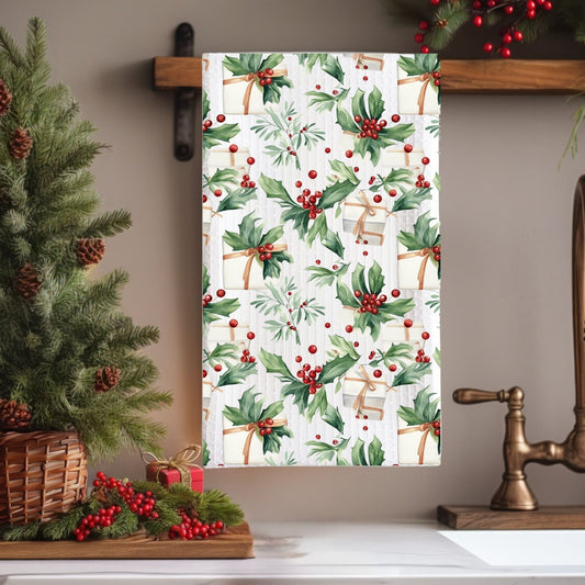 Christmas Holly & Gift Microfiber Tea Towel