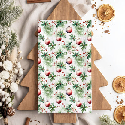 Christmas Holly & Ornaments Microfiber Tea Towel