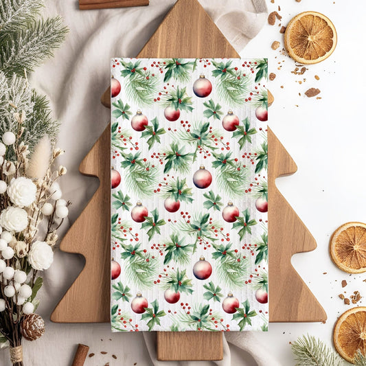 Christmas Holly & Ornaments Microfiber Tea Towel