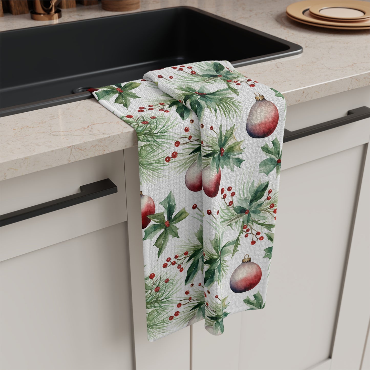 Christmas Holly & Ornaments Microfiber Tea Towel