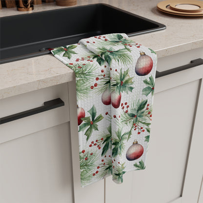 Christmas Holly & Ornaments Microfiber Tea Towel