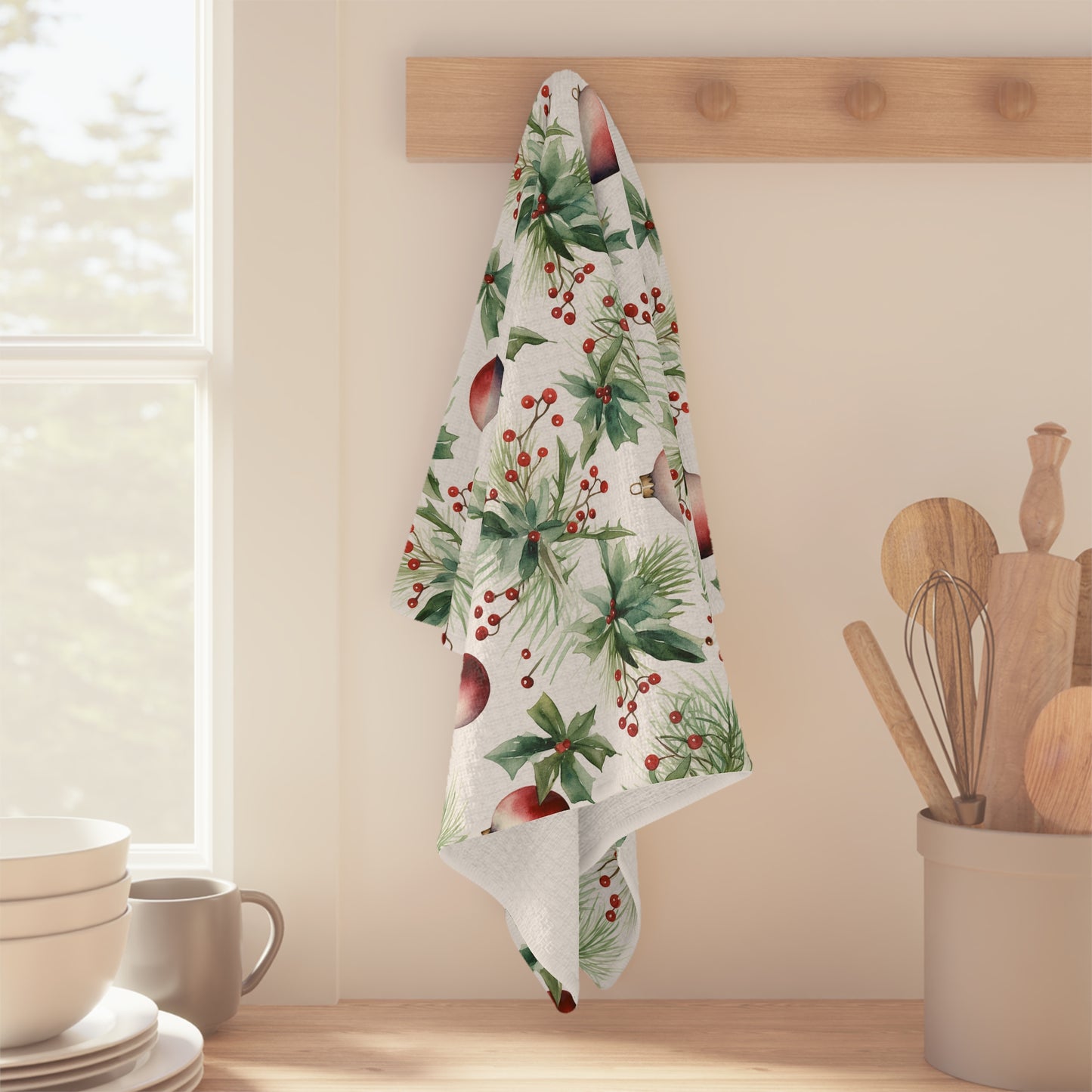 Christmas Holly & Ornaments Microfiber Tea Towel