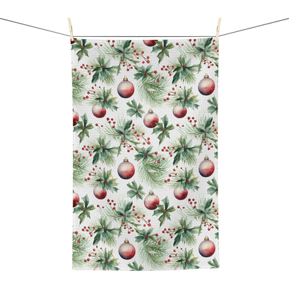 Christmas Holly & Ornaments Microfiber Tea Towel