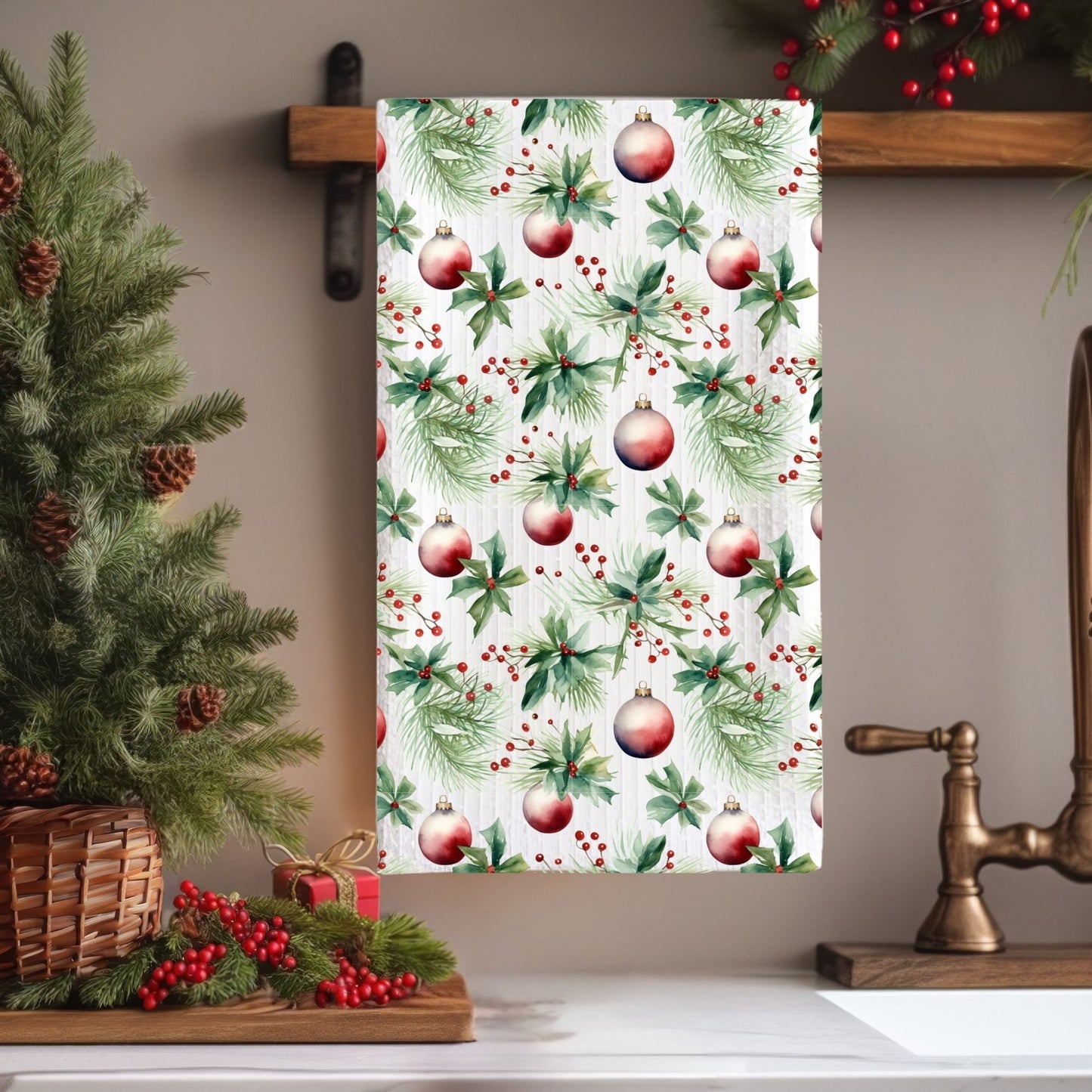 Christmas Holly & Ornaments Microfiber Tea Towel