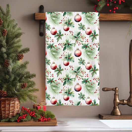 Christmas Holly & Ornaments Microfiber Tea Towel