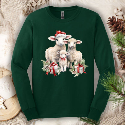 Forest Green Gildan long sleeve tee with watercolor Christmas lambs in Santa hats and gifts.
