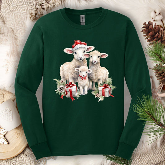 Forest Green Gildan long sleeve tee with watercolor Christmas lambs in Santa hats and gifts.