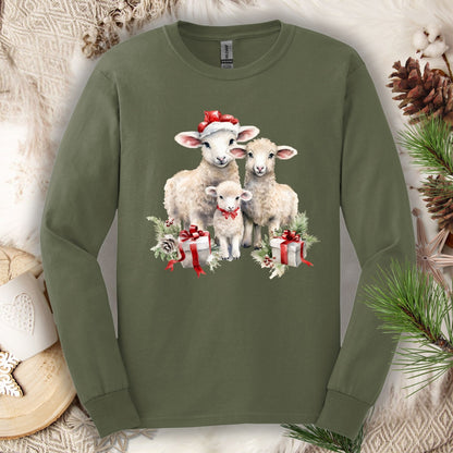 Military Green Gildan long sleeve tee with three watercolor Christmas lambs in Santa hats and gifts.