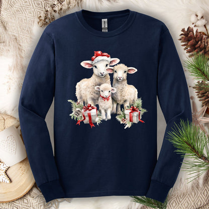 Navy Gildan long sleeve tee with watercolor Christmas lambs in Santa hats and gifts.