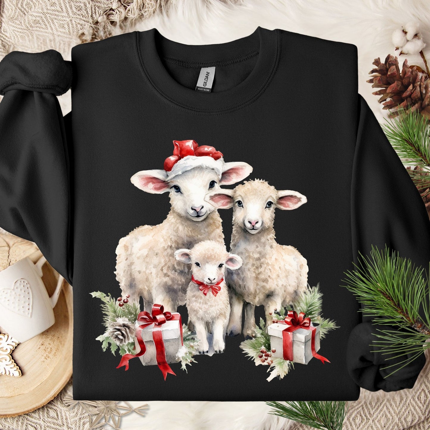 Black S crewneck sweatshirt with three watercolor lambs in Santa hats and gifts.