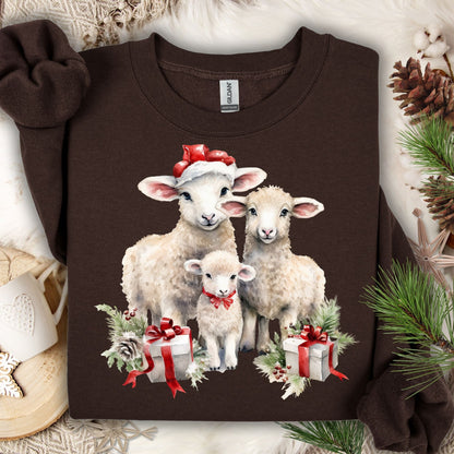 Dark Chocolate Gildan sweatshirt with three watercolor lambs in Santa hats and gifts.