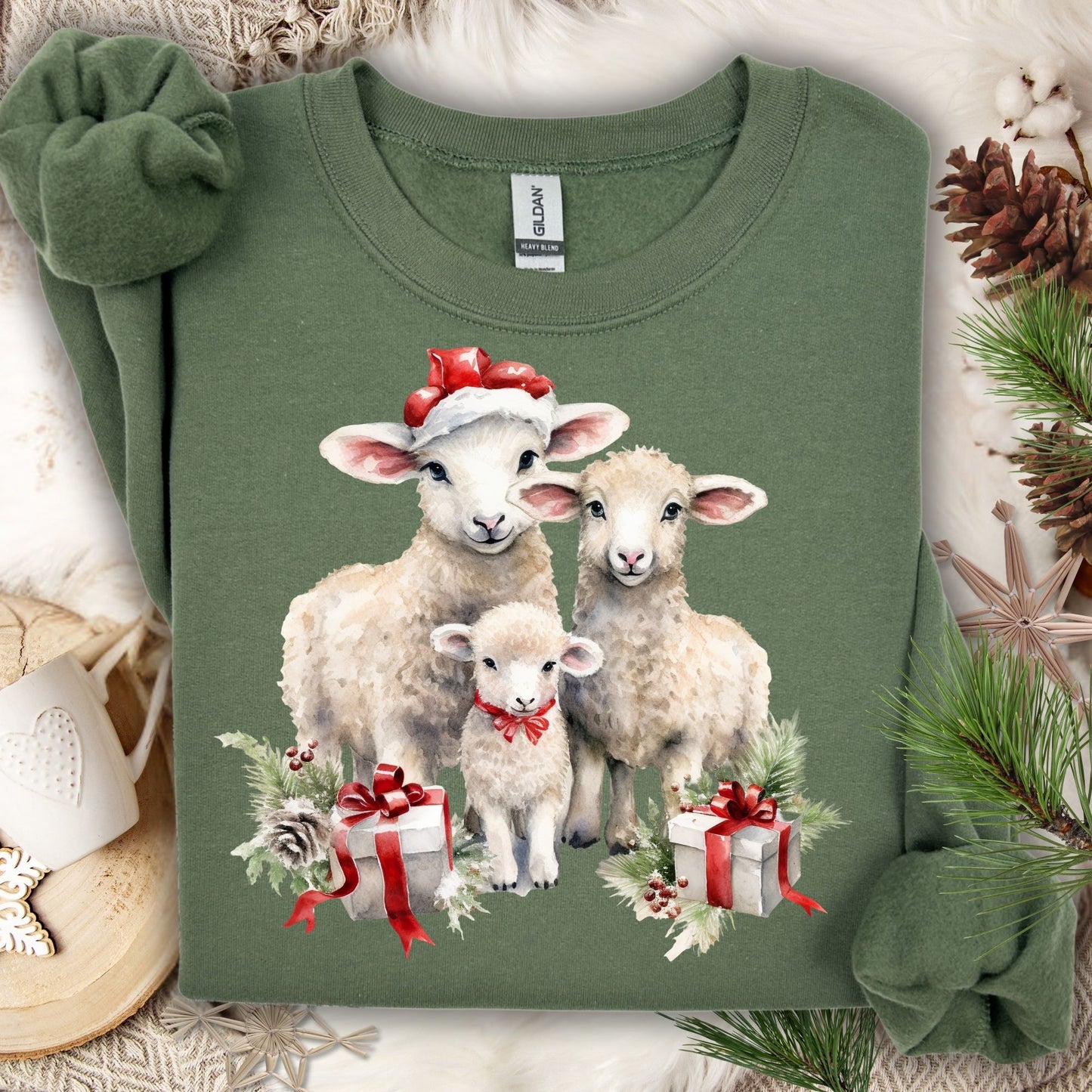 Military Green Christmas Lambs Sweatshirt with three lambs in Santa hats and gifts.