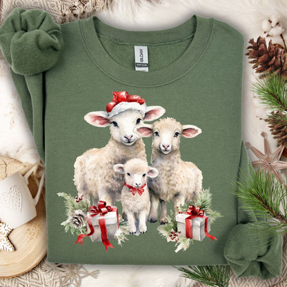 Military Green Christmas Lambs Sweatshirt with three lambs in Santa hats and gifts.