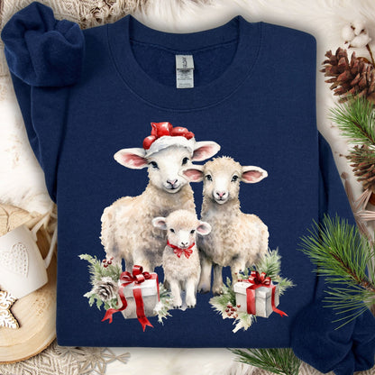 Navy crewneck sweatshirt with three watercolor lambs in Santa hats and gifts.