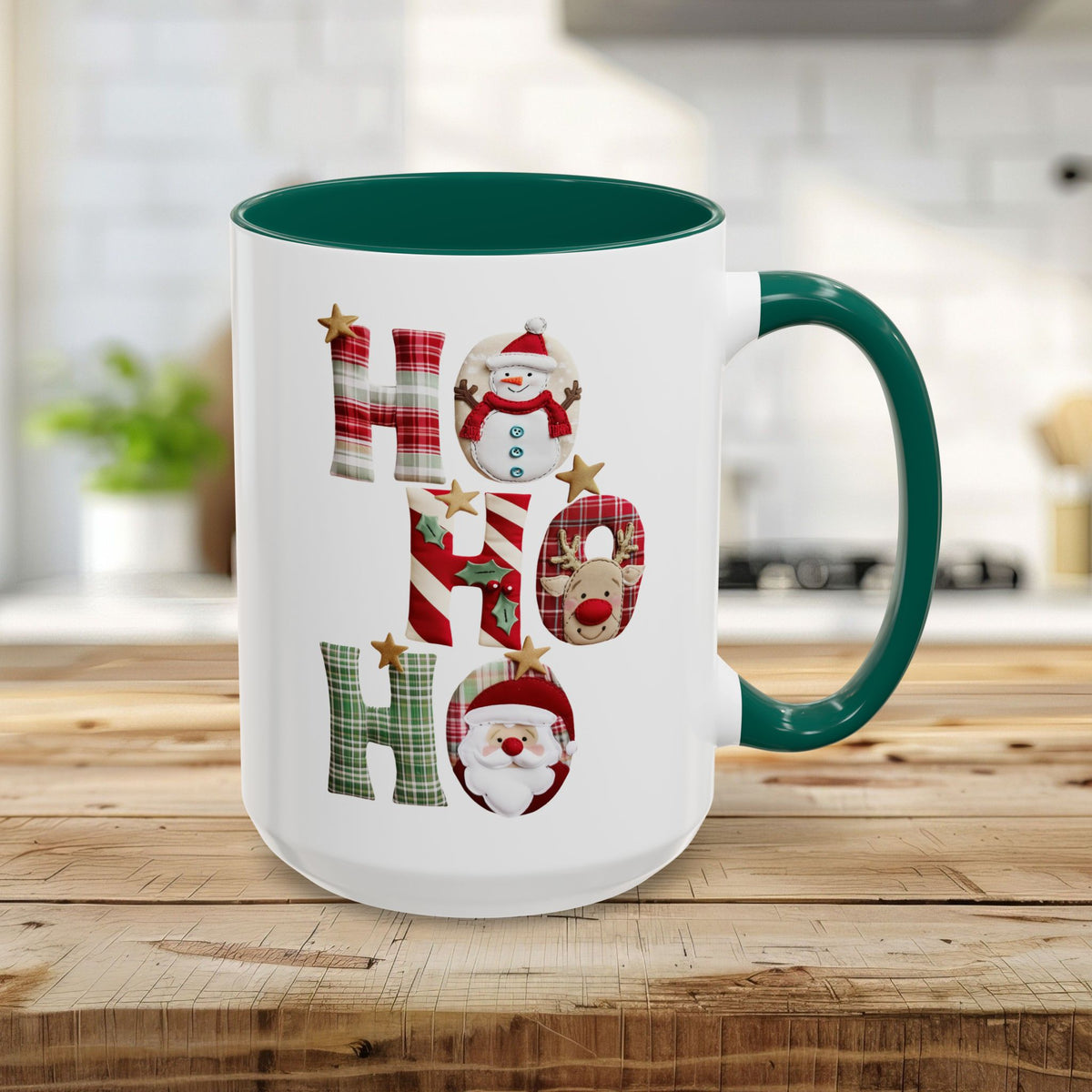 15oz white ceramic mug with green interior and handle, featuring "Ho Ho Ho" in plaid, candy-cane, and woodland textures with tiny seasonal characters.