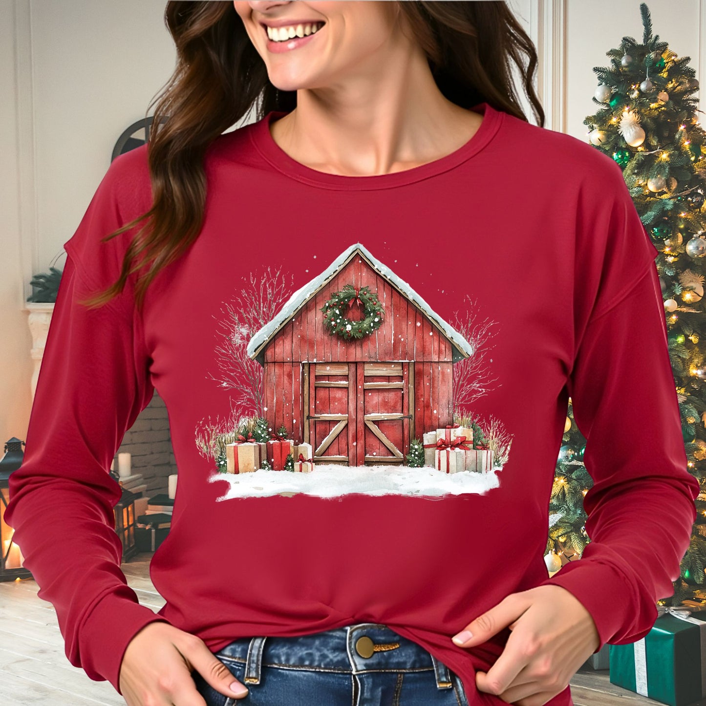 Christmas Red Barn Long Sleeve Tee