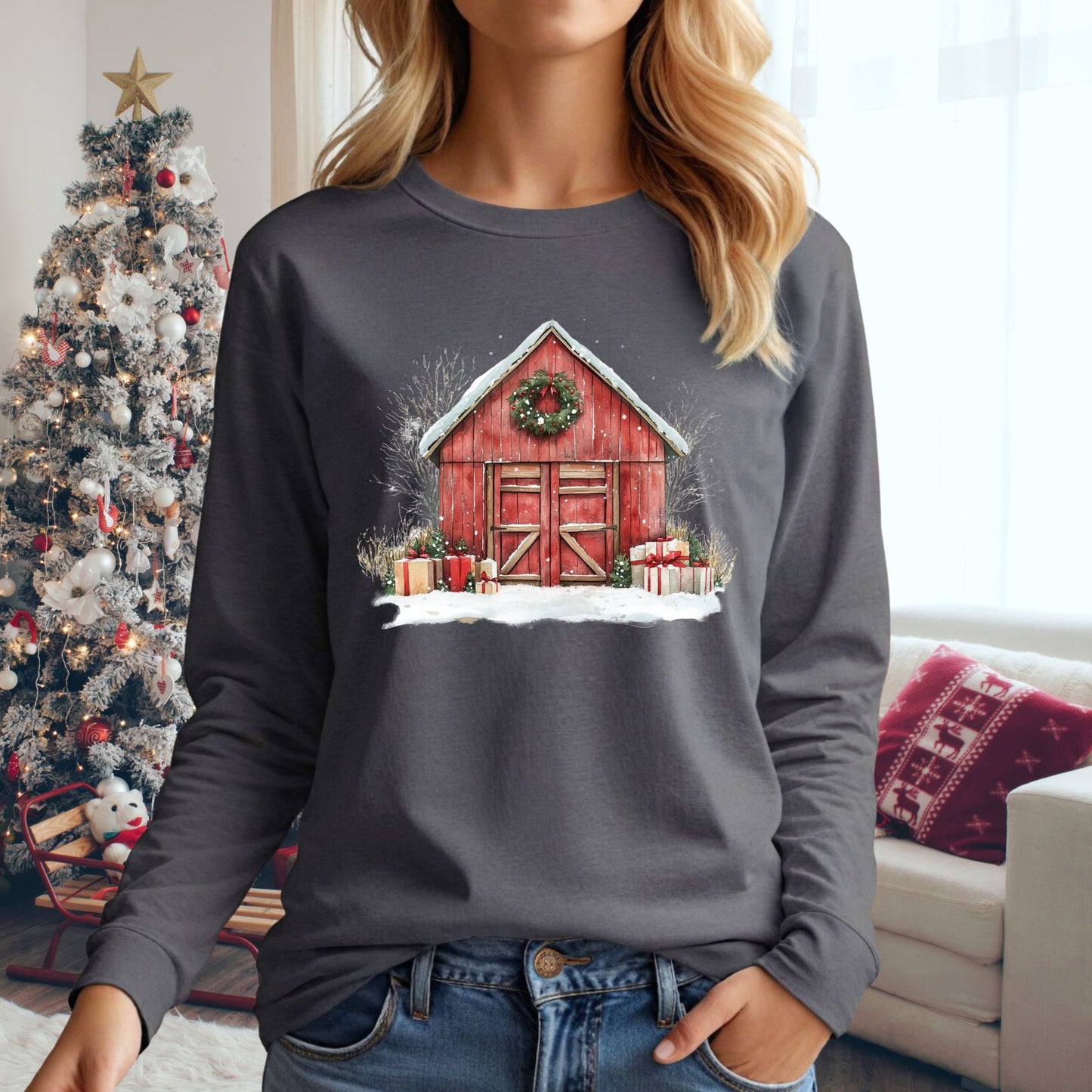 Christmas Red Barn Long Sleeve Tee