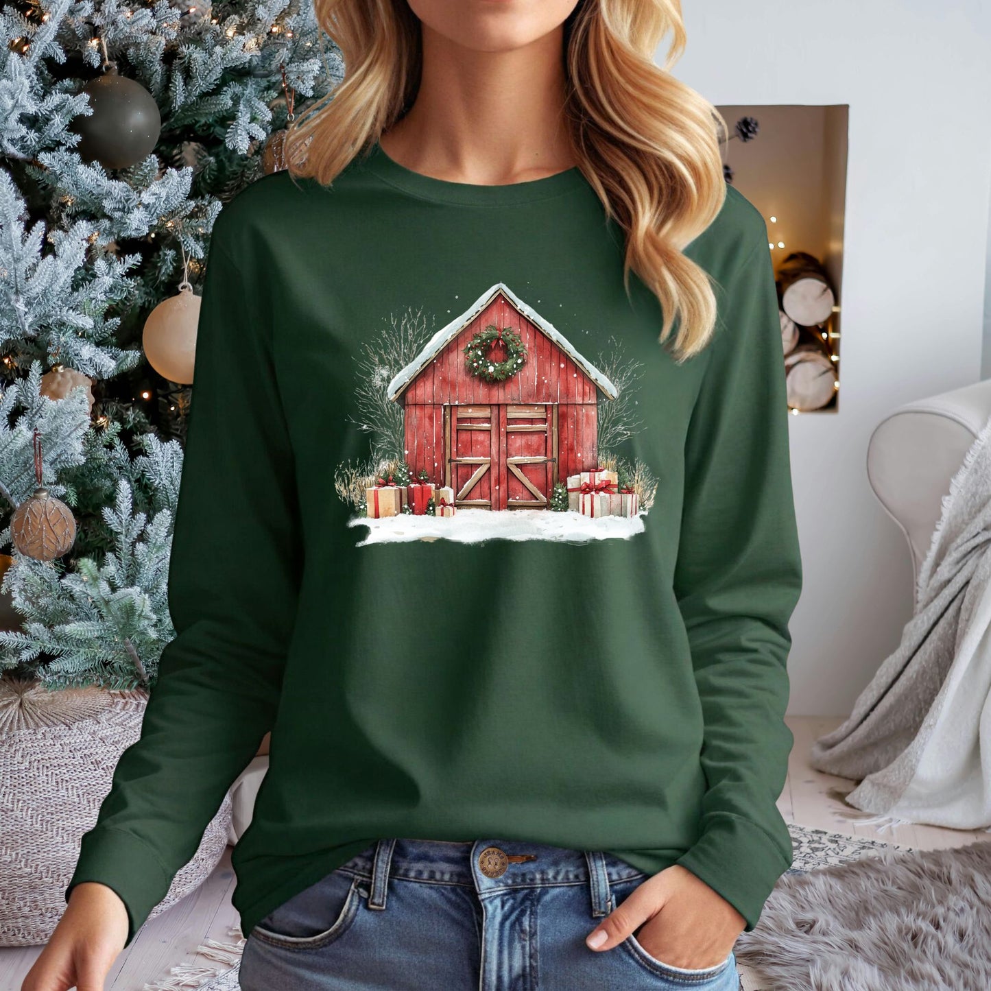 Christmas Red Barn Long Sleeve Tee