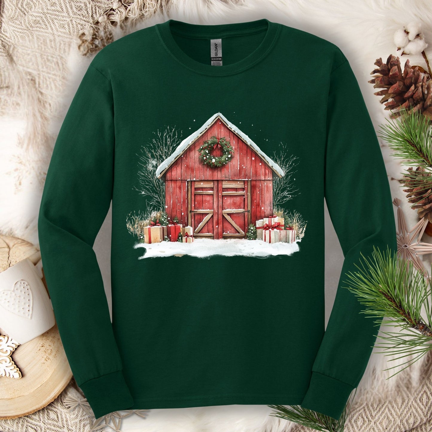 Forest Green Gildan Softstyle long sleeve tee with watercolor red barn, snow, gifts, and wreath.