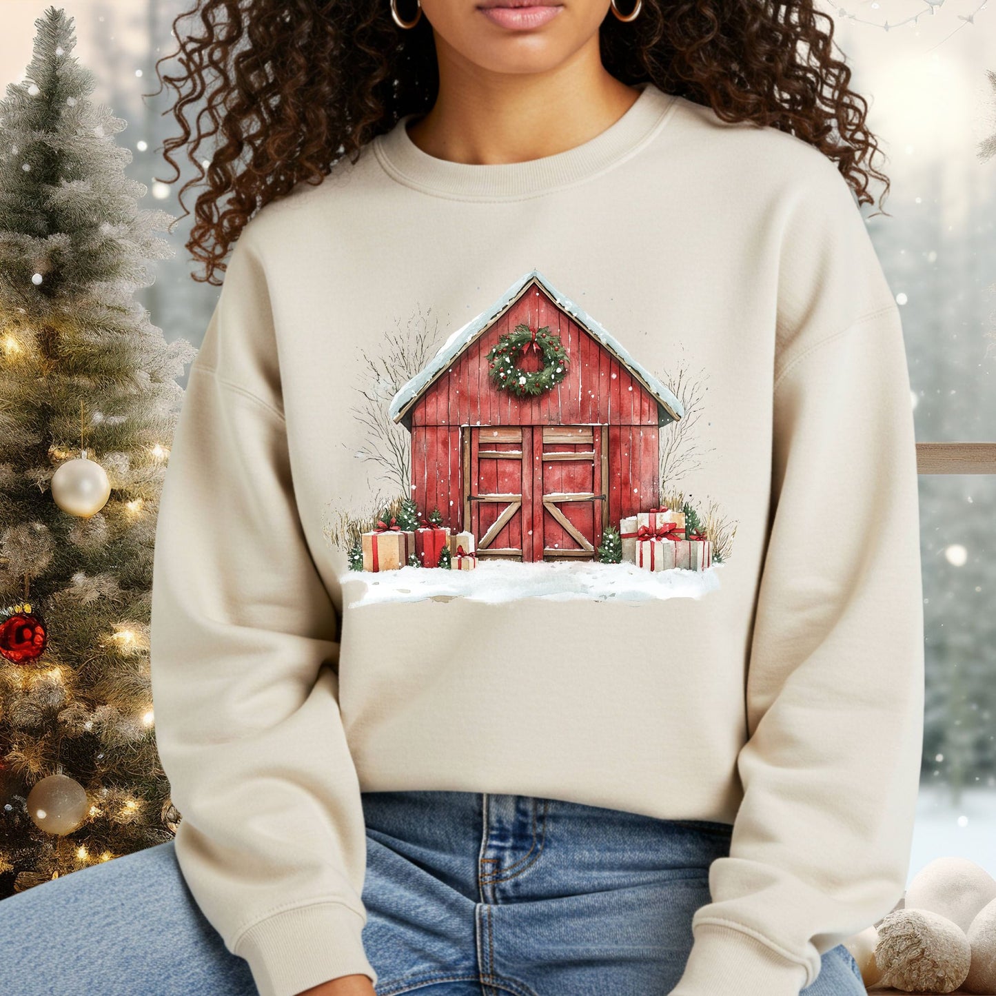 Cozy beige Gildan sweatshirt with a vintage watercolor red barn, snow, and Christmas gifts.