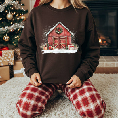 Brown Gildan fleece sweatshirt with a watercolor red barn, snow, and gifts design.