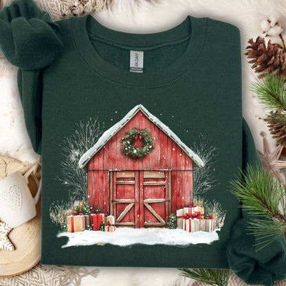 Forest Green Gildan sweatshirt with a vintage watercolor red barn, snow, wreath, and gifts.