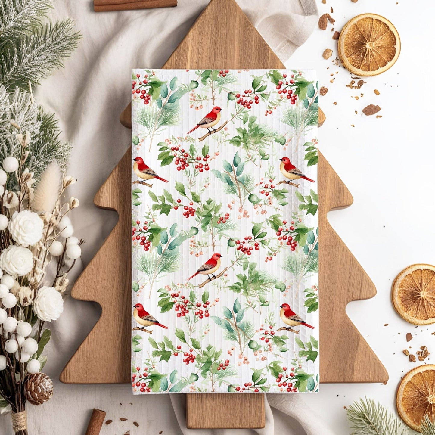 Christmas Red Bird Watercolor Microfiber Tea Towel