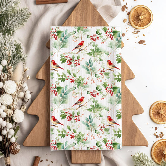 Christmas Red Bird Watercolor Microfiber Tea Towel