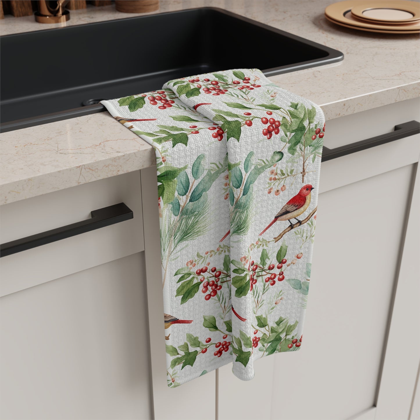 Christmas Red Bird Watercolor Microfiber Tea Towel