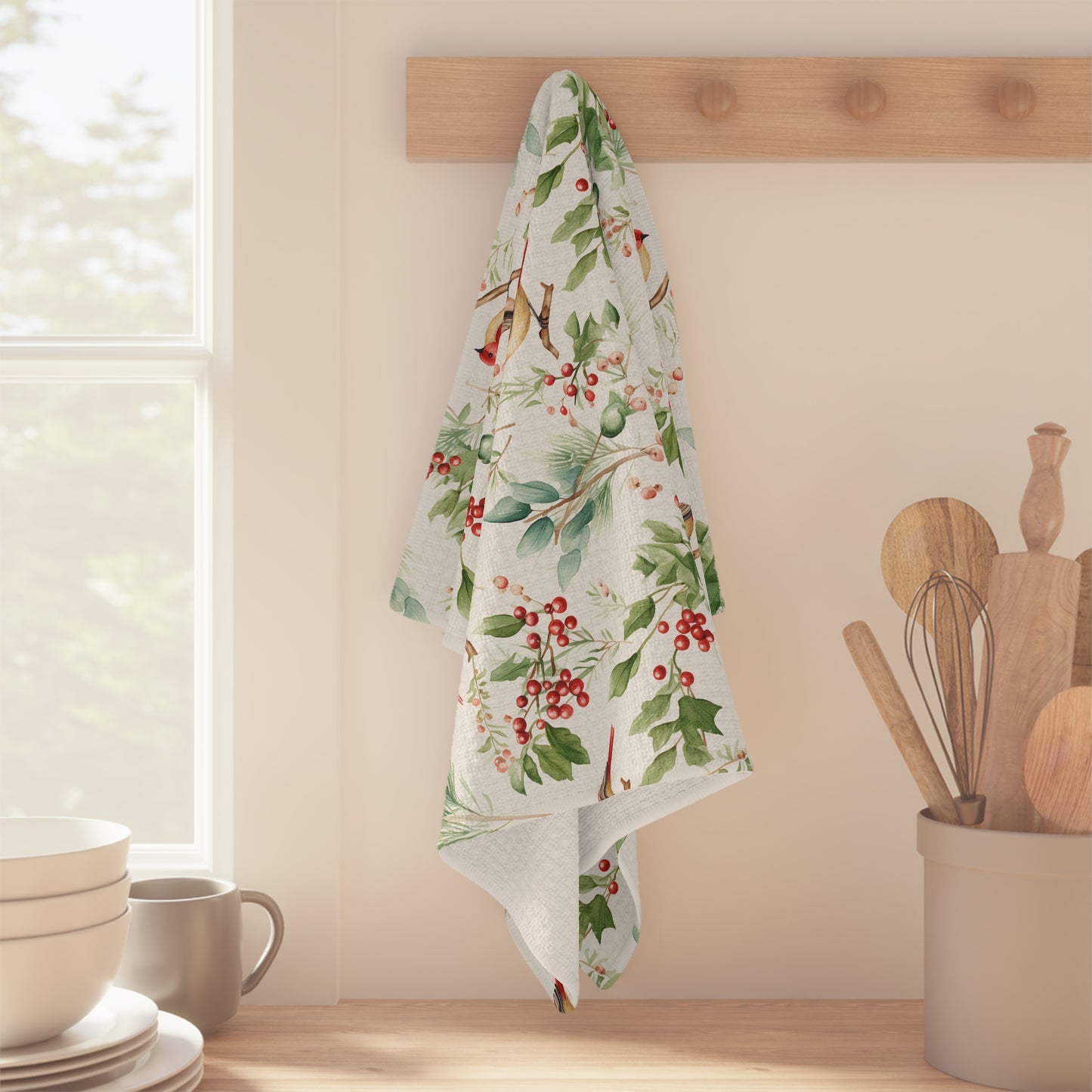 Christmas Red Bird Watercolor Microfiber Tea Towel