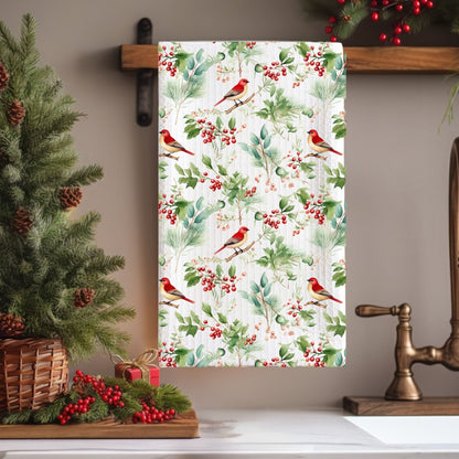 Christmas Red Bird Watercolor Microfiber Tea Towel