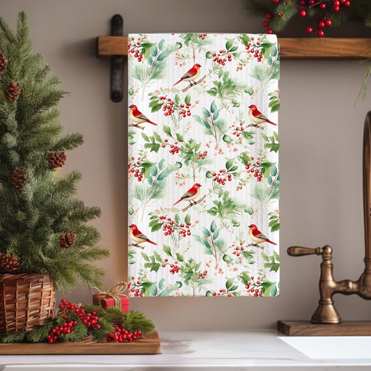 Christmas Red Bird Watercolor Microfiber Tea Towel
