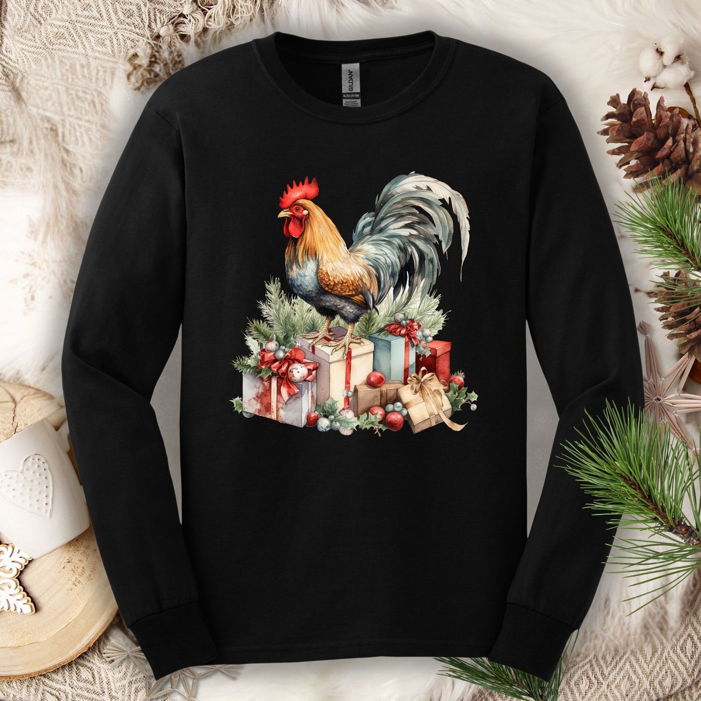 Black Gildan long sleeve tee with a watercolor rooster on Christmas presents.