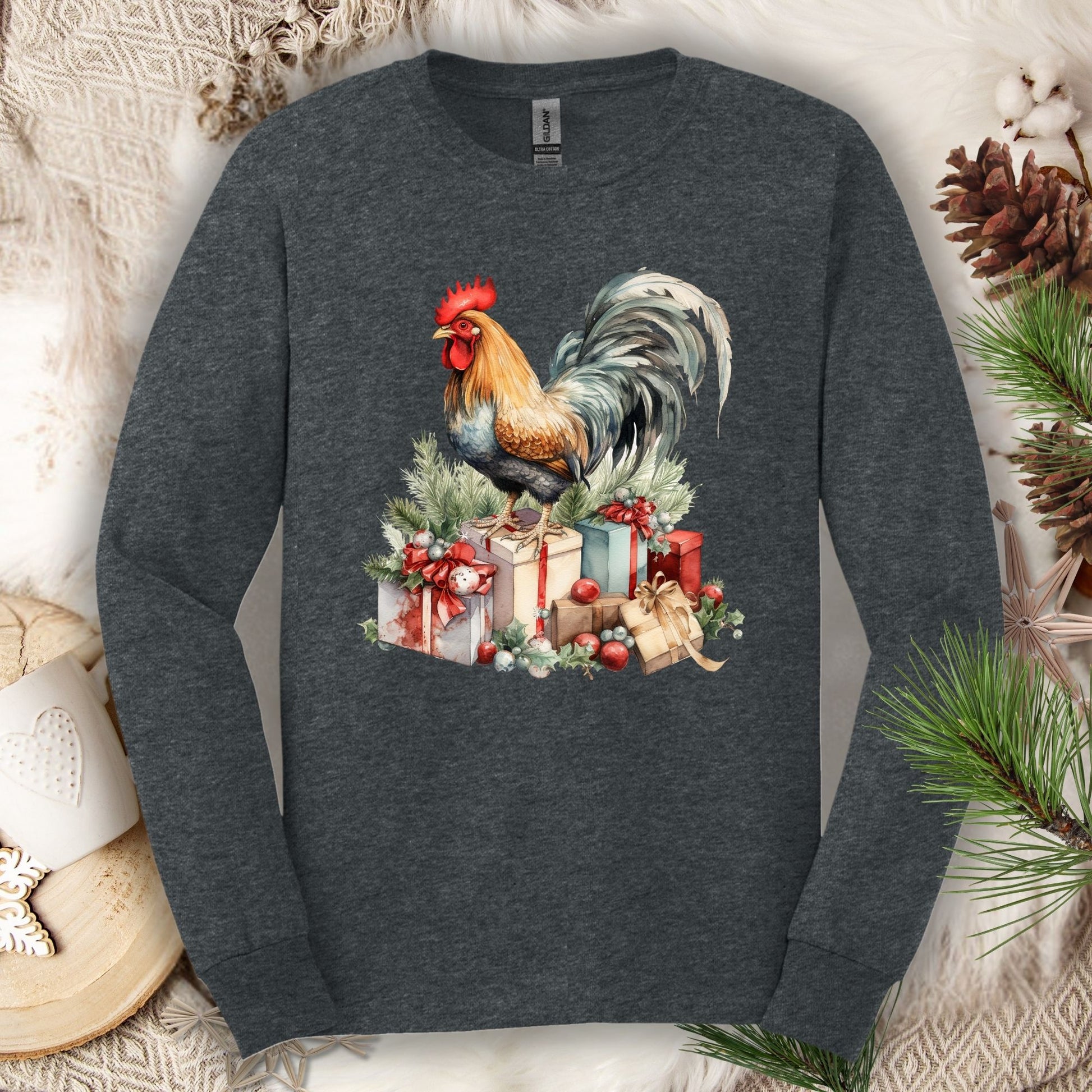 Dark Heather long sleeve tee with a watercolor rooster on Christmas presents.