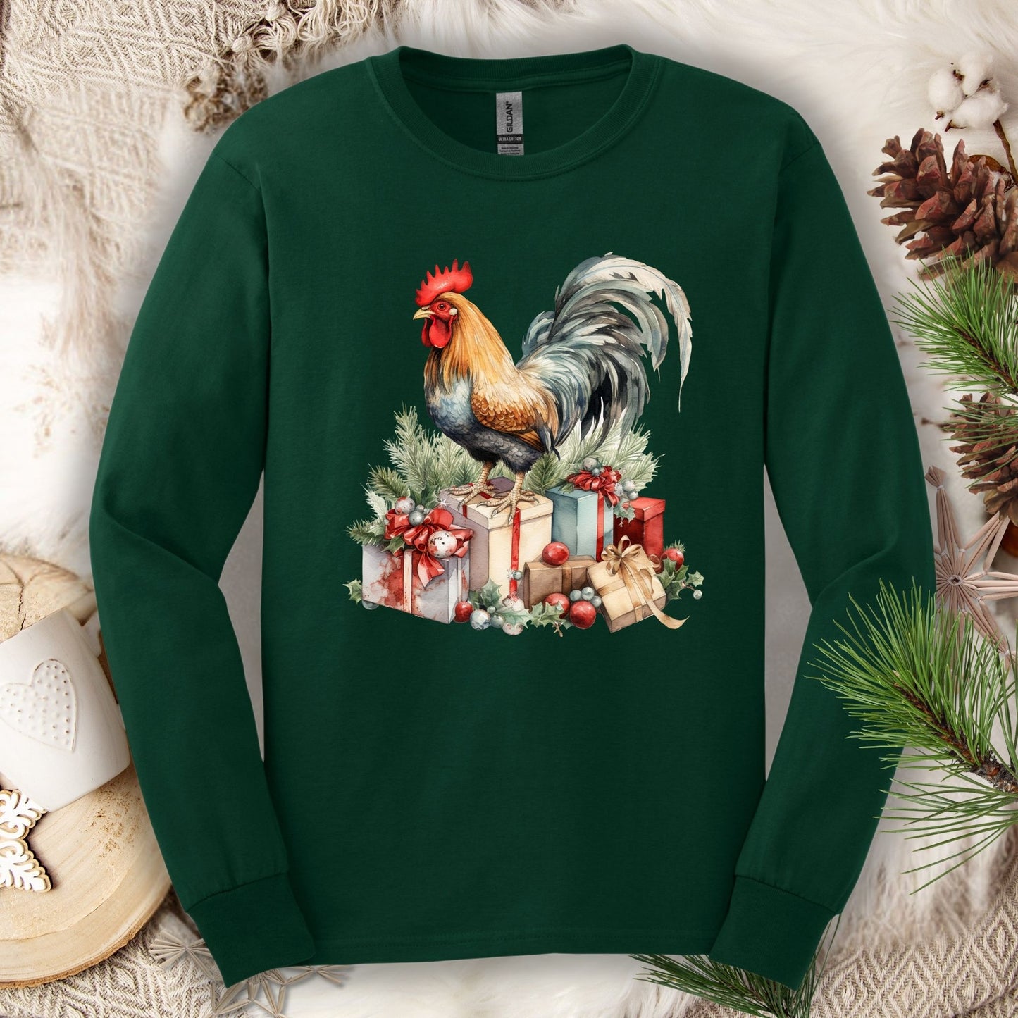 Forest Green long sleeve tee with a watercolor rooster on Christmas presents.