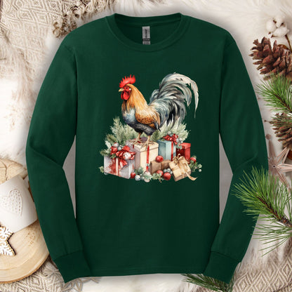 Forest Green long sleeve tee with a watercolor rooster on Christmas presents.