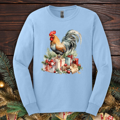 Light blue Gildan long sleeve tee with a watercolor Christmas rooster on presents.