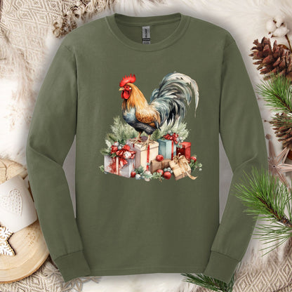 Military Green Gildan long sleeve tee with a watercolor Christmas rooster on presents.