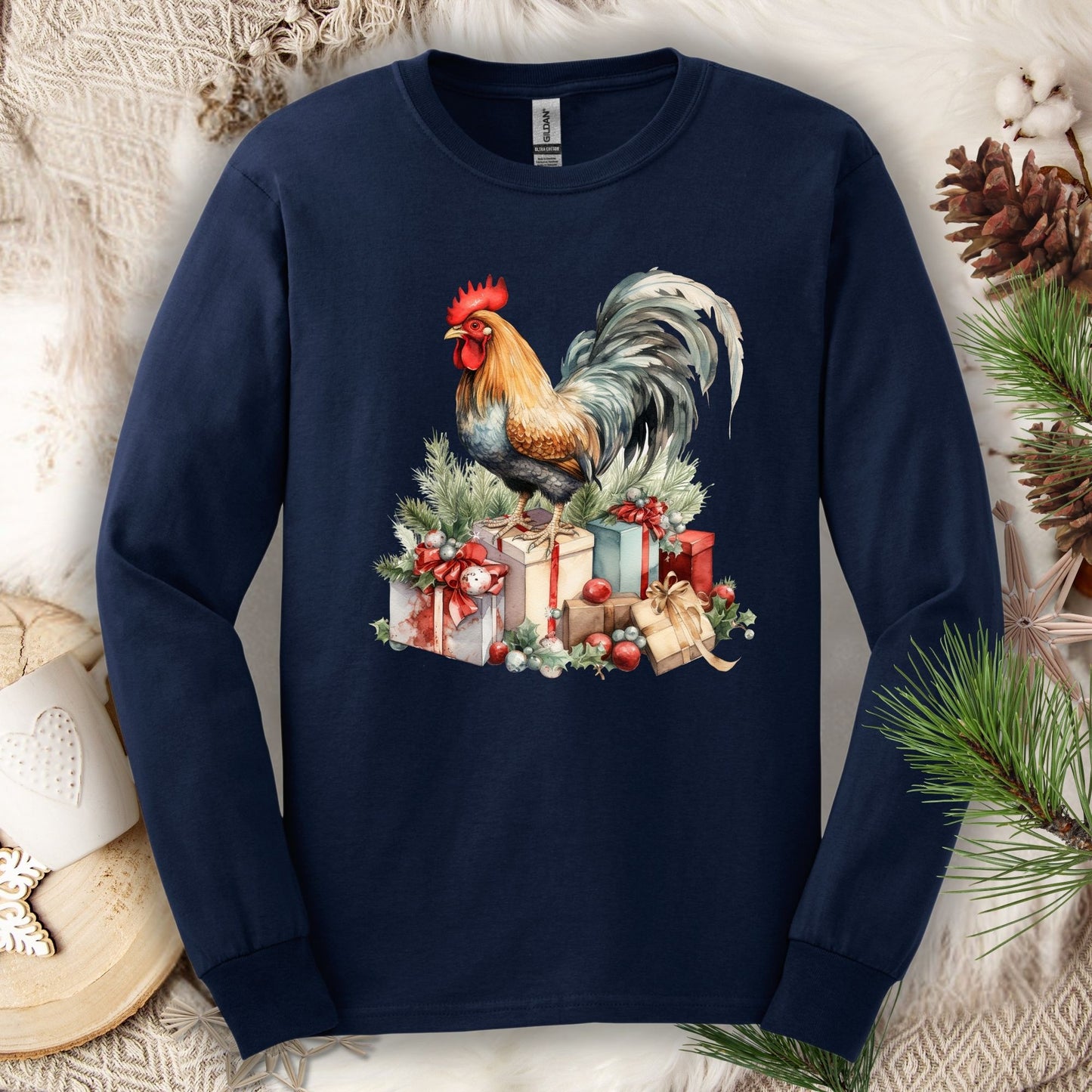 Navy Gildan long sleeve tee with a watercolor rooster on Christmas presents.