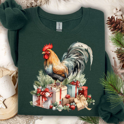 Forest Green Gildan sweatshirt with a watercolor Christmas rooster standing on festive gifts.